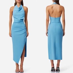 NEW ELLIATT Sky Blue PAXTON Halter COWL NECK Ruched COCKTAIL Sheath MIDI DRESS L
